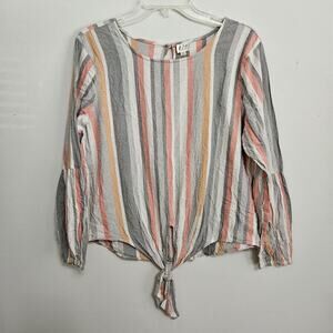 KIT Striped Tie Hem Top 100% Cotton Size M Long Sleeve Peasant style